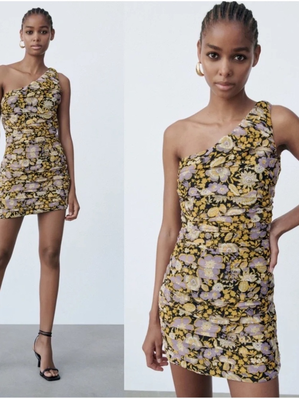 Zara Metallic Floral One Shoulder Ruched Mini Dress NWT XS